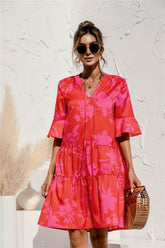 V-Neck Flared Sleeve Cake Patchwork Dress