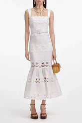 White Linen Lace Insert Midi Dress