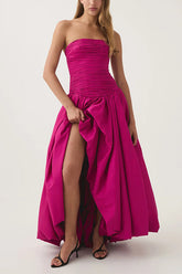 Strapless Ruched Puff Maxi Dress