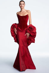 Strapless Floral Puff Detail Corset Maxi Dress