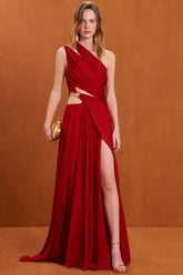 One Shoulder Ruched Cut Out Maxi Dress