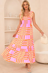 Boho Gingham Smocked Maxi Dress