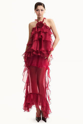 Bedelia Floral Halter Chiffon Ruffle Midi Dress