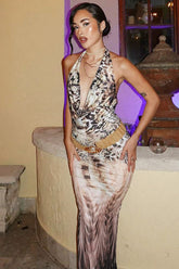 Lace Up V Neck Backless Maxi Dress