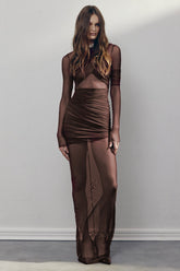 Long Sleeve Draped Mesh Maxi Dress
