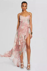 Printed Ruffle Asymmetric Maxi Dress