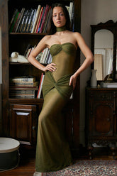 Strapless Ruched Sparkly Maxi Dress