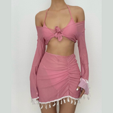 Traje de baño de 4 piezas con cuello halter, acolchado, fruncido y lazo anudado.