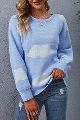 Jersey de punto con cuello redondo y estampado de nubes blancas
