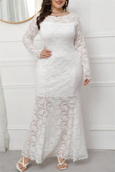 Vestidos de talla grande de manga larga con cuello redondo transparente y parches sólidos a la moda