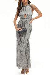 Prominente Elegante Solide Pailletten Patchwork O Neck Abendkleid Kleider