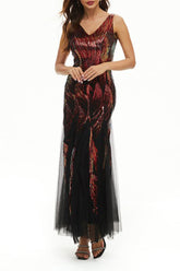 Prominente Elegante Farbblock Patchwork V-Ausschnitt Abendkleid Kleider