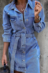 Lässige, einfarbige Patchwork-Kleider mit Gürtel und Umlegekragen, langärmelig, normale Jeanskleider