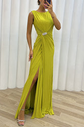 Vestido de noche elegante, formal, liso, con abertura y cuello redondo (3 colores)