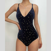 Traje de baño de una pieza con escote en V y contraste con estampado de estrellas en la espalda cruzada