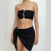 Geraffter Neckholder-Badeanzug zum Selbstbinden, einfarbig, rückenfrei, 3-teilig