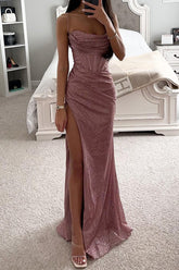 Einfarbige Abendkleider mit hoher Öffnung, Pailletten und quadratischem Kragen (5 Farben)