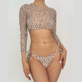 Traje de baño de 3 piezas con cuello halter, manga larga y estampado de leopardo, con lazo anudado en contraste