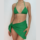 Traje de baño de 3 piezas con cuello halter, textura sólida y lazo