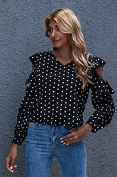 Camiseta de manga larga con volantes y cuello en V ondulado