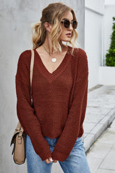 Camisa de punto con cuello en V y base de color puro