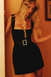 Solid Metallic Buckle Belted Mini Dress