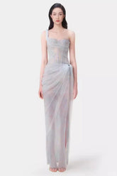 One Shoulder Lace Corset Maxi Dress