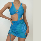 Traje de baño de una pieza con cordón ajustable en contraste y anillo en O ahuecado con minifalda