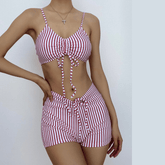 Traje de baño bikini de tirantes finos con cuello en V y cordón a rayas