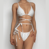 Flower textured solid cross back self tie bikini swimwear