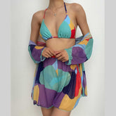 Traje de baño de 4 piezas con cuello halter, manga corta, estampado de malla en contraste y lazo