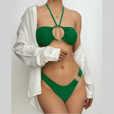 Traje de baño bikini con cuello halter, aro en forma de O sólido, lazo autoadherente, apliques metálicos