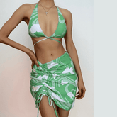 3-teiliger Neckholder-Badeanzug mit Schmetterlings-Kontrastdruck und Kordelzug und überkreuzter Vorderseite