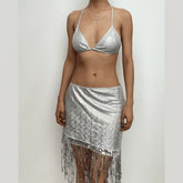 Traje de baño de 3 piezas con cuello halter, borlas metálicas lisas y lazo