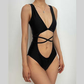 Traje de baño de una pieza sin mangas, con cuello en V y lazo, sin espalda