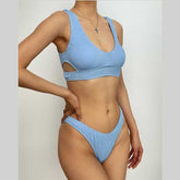 Traje de baño bikini con escote en U, sin mangas, texturizado y ahuecado