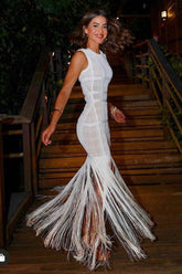 See Through Mesh Tassel Maxi Dress