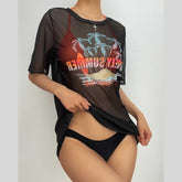 Traje de baño de 3 piezas con cuello halter, manga corta y estampado en contraste, con lazo