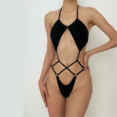 Traje de baño de una pieza con cuello halter, sin espalda, con cordón y anilla en O