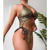 Asymmetrischer Badeanzug „Beatrice“ mit Schlangenhautmuster