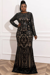 Schwarzes, langärmliges Abendkleid mit Meerjungfrau-Spitze in Übergröße