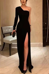 Vestido de noche elegante de fiesta de una sola manga negro