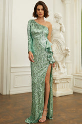 Elegantes vestidos de noche verdes de una manga con abertura alta