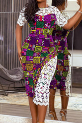 Vestido elegante de encaje de manga corta midi