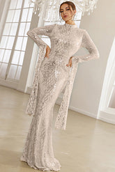 Vestido de noche elegante de sirena, blanco, de manga larga