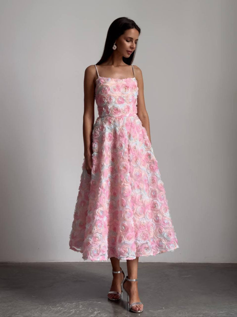 Elegant Floral Midi Pink Dress – ARSAO
