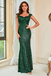 Dunkelgrünes ärmelloses Meerjungfrau-Abendkleid mit Pailletten