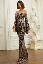 Elegante vestido formal de noche con hombros descubiertos y manga larga