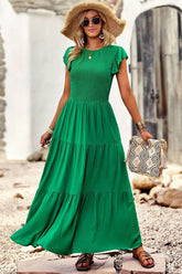 Vestido largo verde de corte A con mangas cortas