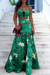 Elegante vestido de dos piezas sin mangas con estampado verde